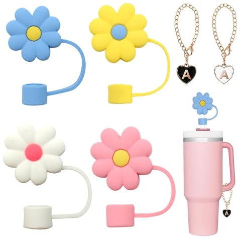 HDKAJL 4 Pièces Straw Cover, Stanley Cup Straw Cover, Silicone Pailles Couvre Antipoussière, Couvre Paille Reutilisable À Fleurs Avec Chaîne, Couvre-Embout de Paille Couvercle de Paille pour 8-10 mm