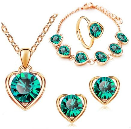Clataly Heart Crystal Necklace Earrings Bracelet Ring Set Love Pendant Necklace Jewelry for Women and Girls (Green)