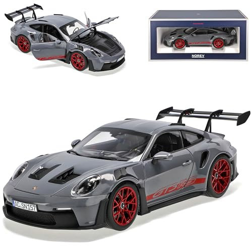 Porsche 911 992 GT3 RS Coupe Arctic Grau mit Rot Neue Generation Ab 2019 Version Ab 2022 1/18 Norev Modell Auto mit individiuellem Wunschkennzeichen