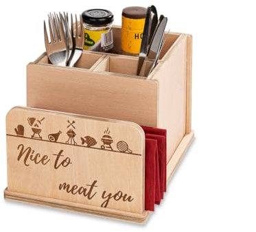 INEXTERIOR Grillbox aus Holz - Geschenk für Männer - Tischdeko - Serviettenhalter - Besteckbox - Serviettenringe - Saucenbox - Besteckhalter - Grill (Besteckkasten Groß, Nice to meat you)