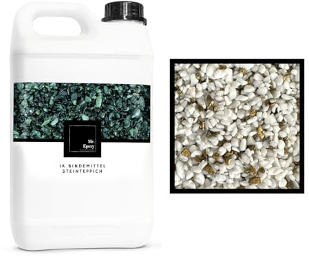 Mr. Epoxy Steinteppich für Außen & Innen Komplettset (25kg Kies + 1,3kg Bindemittel) - UV-Stabil & Geruchsneutral - Buntsteinputz mit Versiegelung als Bodenbelag (Bianco e Oro)