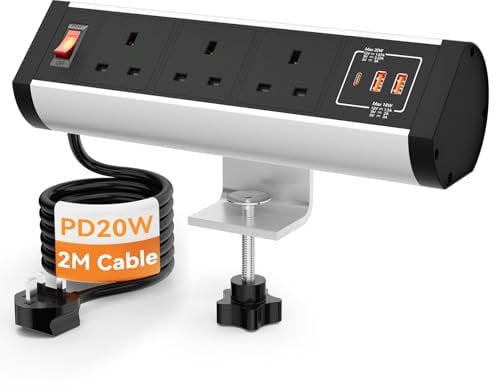 Desk Extension Lead USB C PD 20W, 3 Way Desk Power Socket Clamp with 2M Extension Lead, Desk Power Strip with Switch, Removable Clamp for Home Office