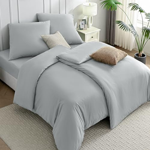 JELLYMONI Bettwäsche 135x200 Baumwolle 4-Teilig Bettwäsche-Sets Hellgrau Oeko-Tex 100% Gewaschene Baumwolle 2 Bettbezüge mit Reißverschluss und 2 Kissenbezüge 80X80 mit Umschlag 4tlg. Bettwäsche
