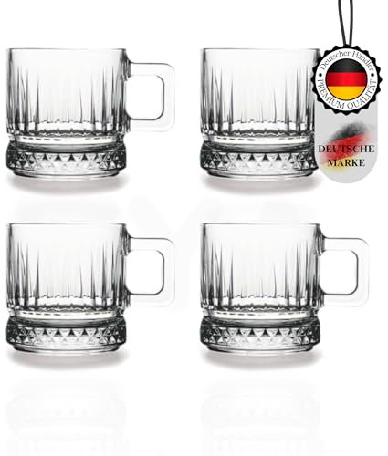 TYA I Set mit 4 Gläsern, Kristalldesign-Glasbecher mit Henkel 195 cc, Glas, transparent, 100% BLEIFREI, Geeignet für Tee, Kaffee und Fruchtsaftgenuss