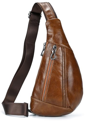 brusttasche herren leder Kleine umhängetasche Dreieck Anti-Diebstahl Sling Crossbody Bag herren sling Leder bag Schultertasche, 9050 hellbraun