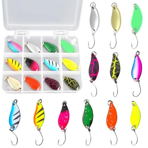 Cucharillas Pesca Trucha, 12 Piezas 5g Trucha de Cuchara, Señuelos Pesca para Trucha, Cucharillas de Trucha Set con Caja, para Trucha, Anzuelos de Pesca con Piezas Individuales para Perca, Bass