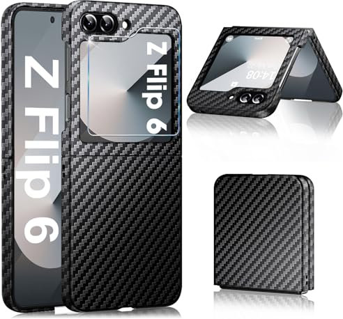Funda de carbono para Samsung Z Flip 6 con protector de pantalla para Galaxy Z Flip 6, carcasa rígida ultrafina híbrida de policarbonato para Samsung Galaxy Z Flip 6 5G, resistente a los golpes, funda