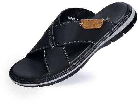 MGGMOKAY Herren Pantoletten aus Naturleder, Bequem Leicht Kreuz Sommer Sandalen,Casual Zehentrenner Herren,Schwarz,42