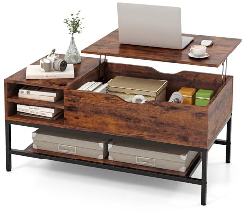 COSTWAY Lift Up Top Coffee Table, Wooden Lifting Cocktail Center Table with Hidden Storage Compartment and Open Shelf, Metal Frame Rectangle Accent Sofa Side Tea Table for Living Room (Rustic Brown)