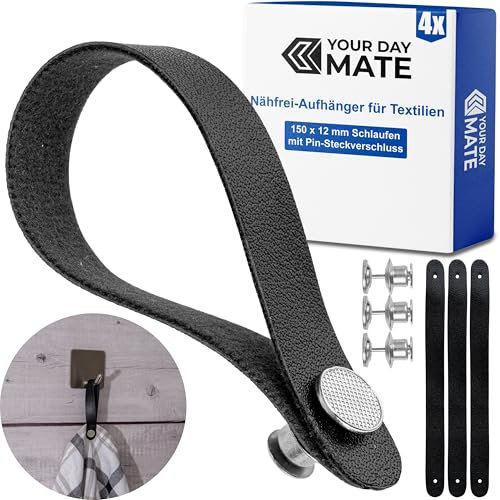 Nähfrei-Aufhänger für Textilien, 4 Pack, 150 x 12 mm Schlaufen, in Schwarz, aus PU Leder, mit Pin-Knopfverschluss, Aufhänger Schlaufen für Geschirrhandtuch, Bad Handtuch, Lappen, Dekoartikel, Camping