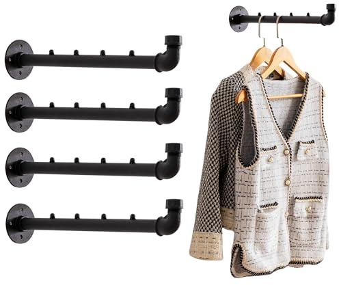 Homeyeeng Industrial Wall Pipe Clothes Bar - Heavy Duty Metal Coat Hanger with Hook, Wall-Mounted Garment Holder Racks,Wall Clothing Racks/Hanging Rail, 4Pcs