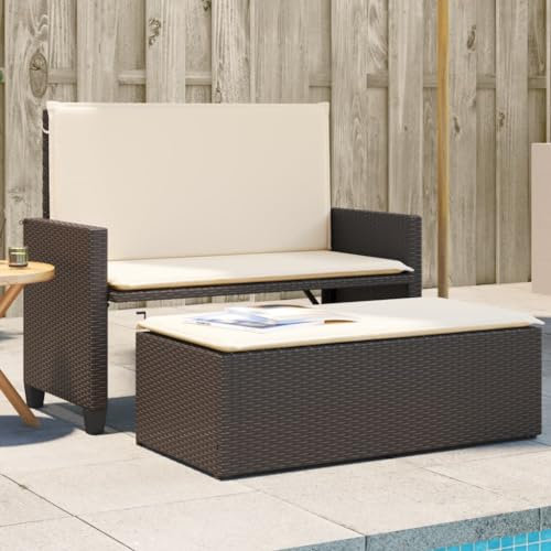 ZEYUAN Gartenbank mit Kissen und Hocker Braun Poly Rattan, Terrassenmöbel, Wetterfeste Bank, Outdoor Bank, Parkbank, Garten Banken, Deko Bank, Gartenmöbel - 368408