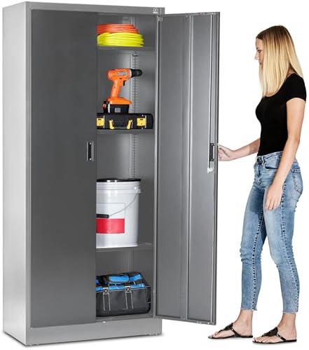 Schwerlast-Metallschrank-180x80x40 cm Aktenschrank-Werkzeugschrank Metall-Aufbewahrungsschrank – 71 Zoll großer Stahlschrank mit verstellbaren Regalen und abschließbaren Türen（Grau）