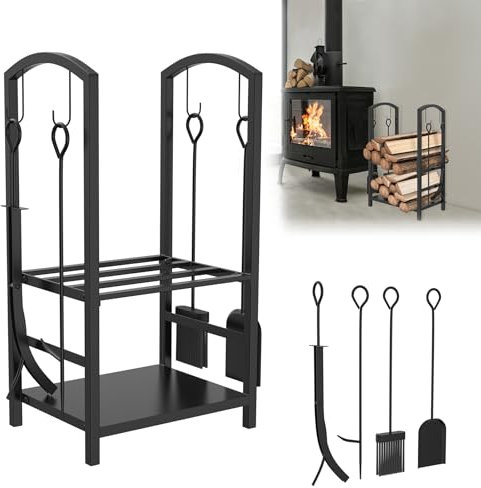 LZQ Set di 5 scaffali per legna da ardere, 2 ripiani, per interni ed esterni, in metallo, con 4 attrezzi per camino, stufa, 40 x 38 x 75 cm, colore: nero