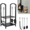 LZQ Juego de 5 estantes para leña de chimenea, 2 estantes, para interior y exterior, metal, con 4 herramientas para chimenea, horno, 40 x 38 x 75 cm, color negro