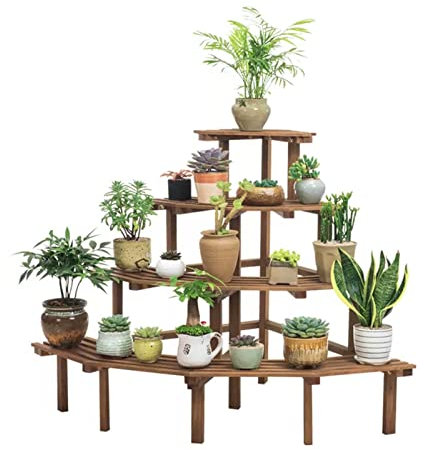 Banco de escalera de madera para plantas con estantes de 4 niveles para interiores y exteriores, jardín, patio, soporte para macetas y soporte para macetas en ángulo recto