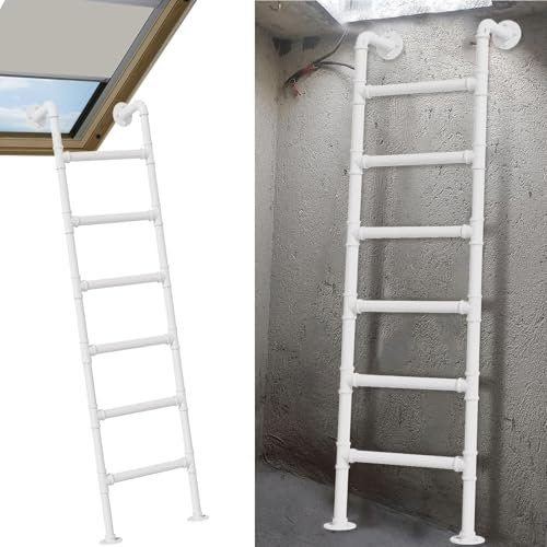 GODFSAHG Basement Egress Ladder for Window Well, 4ft 5ft 6ft 7ft 8ft Height Emergency Fire Climbing Ladder, White Wrought Iron Metal Step Ladder for High Bed Outside Deck RV(115cm/45in)