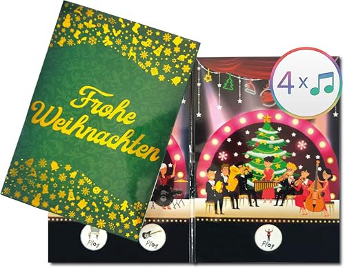 PlayMegram 4 Weihnachtslieder, „Oh Tannenbaum“ Jazz, „Jingle Bells“ Rock, „I Wish You a Merry Christmas“ Klavier, „Deck the Halls“ Orchester, Musikalische Weihnachtskarte
