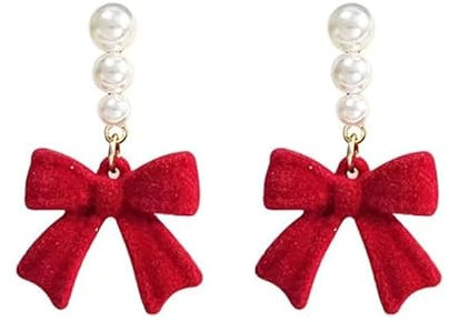 Bow Earrings, perlenohrringe mit schleife, Perlenohrringe, Ohrringe Damen, Schleifen Schmuck, Modeschmuck Ohrringe für Frauen und Mädchen Geschenke (Rot)