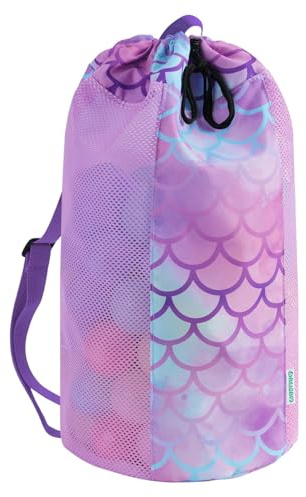 WAWSAM Mermaid Large Mesh Beach Bag for Kids, Kids Drawstring Beach Backpack for Girls, Tote Mesh Beach Toys Bag, Swim Pool Toys Balls Storage Bags Gym Bag, Beach Toy Shells Organizer