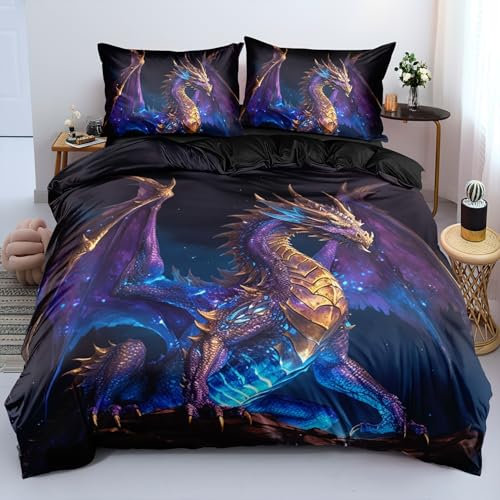 ZZTBQ Lila Drachen Bettwäsche 200x200 3teilig Galaxy Dragon 1 Bettbezug 200x200 cm + 2 Kissenbezüge 80X80 cm, Blau Schwarz Bettwäsche-Sets Polyester Mikrofaser mit Reißverschluss