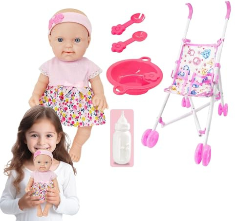 Kinderpuppen-Kinderwagen-Set, Kleinkindpuppe mit Kinderwagen,-Kinderwagen-Spielzeugset für Mädchen | 10 Zoll realistische Puppe mit Kinderwagenzubehör für Kinder Rollenspielhausspielzeug für