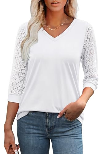 Aokosor Womens Tops 3/4 Sleeve V-Neck Lace Tunic Tops Womens Blouses Size 10-12 White M