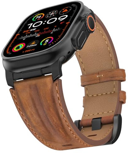 Bouixel Bracelet en cuir véritable compatible avec Apple Watch Ultra 3 - 49 mm, 46 mm, 45 mm, 44 mm, 42 mm - En cuir véritable avec connecteurs métalliques - Pour iWatch Ultra 2/1, Series 11 10 9 8 7