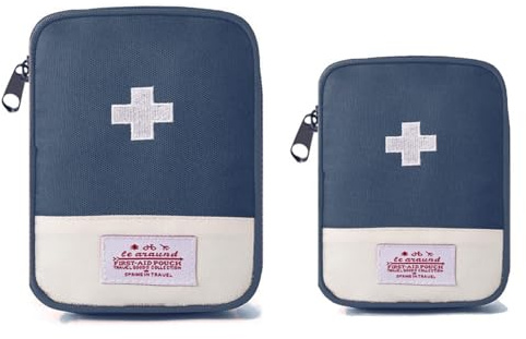 First Aid Pouch, 2-Pack Empty Mini Travel Medicine Storage Bags | Two lightweight fabric first aid pouches in two sizes, white cross-marked for quick identification in travel and emergencies.