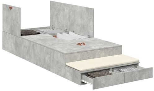 vidaXL Stauraum Bettgestell Beton Grau 90X190 cm Holzwerkstoff Viel Stauraum Modernes Design Einfache Montage Indoor Schlafzimmermöbel Platzsparend Schublade Stylisch Erwachsene