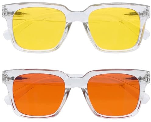 OPULIZE ERA Sunglasses - Yellow/Orange Lenses - 2 Pack - Anti-reflective & Anti-Glare - Polarised Lenses With UV400 Protection - Oversized Rectangular Frame - Spring Hinges - Clear - Mens Womens