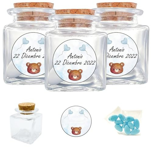 Doni Bomboniere Set Bomboniere Battesimo 12PZ Barattolini in Vetro 4x4x4 Portaconfetti Trasparenti Tappo Sughero 12PZ Adesivi Personalizzabili Orsetto 12PZ Bustine Confetti Festa Nascita Gadget Evento