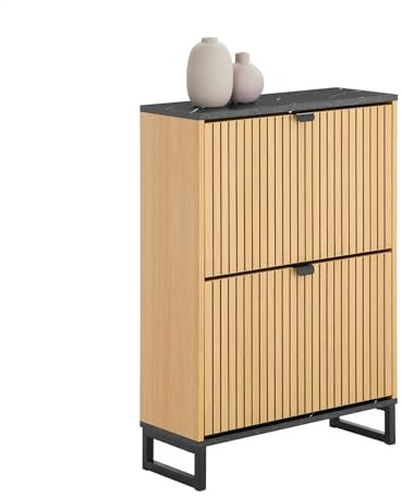 SoBuy Meuble Chaussure Entrée Meuble à Chaussures Fin – Rangement Chaussures Compact & Design Scandinave – Adapté pour 8-12 Paires, Noir & Bois Clair, 60x24x88cm, FSR202-N