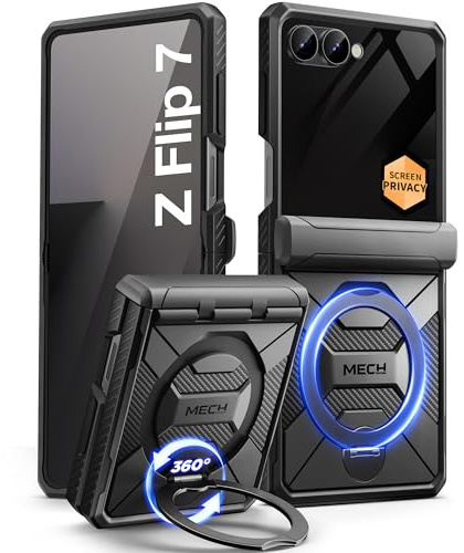 Tongate 360°Drehbarer Magnetständer für Z Flip 7 Hülle mit Privatsphäre Bildschirmschutz, [Kompatibel mit MagSafe] [Anti-Rutsch] [Scharnier Schutz] Ganzkörper Stoßfest Samsung Z Flip 7 Hülle, Schwarz | Kompatibel mit Magsafe, Anti-Spionage-Schutzhülle für Samsung Galaxy Z Flip 7, stoßfest, mit Scharnierschutz