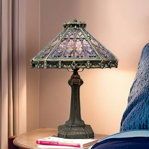 Fiunkes Lila Glas Tischlampe, Tiffany Style Mission Lampenschirm Vintage Spanish Style Dekoration Lampe, Schlafzimmer Nachttisch Leselicht Schreibtischlampe