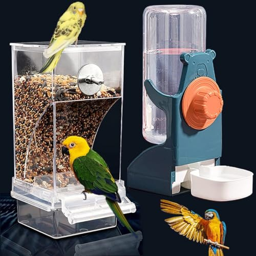 Bird Feeder Water Dispenser Set, Automatic Parrot Feeder Cage Accessories, Clear Parakeet Seed Container Food Drinker for Cage, Cockatiel Finch Lovebirds Budgies Canary (Blue) (Transparency and blue)