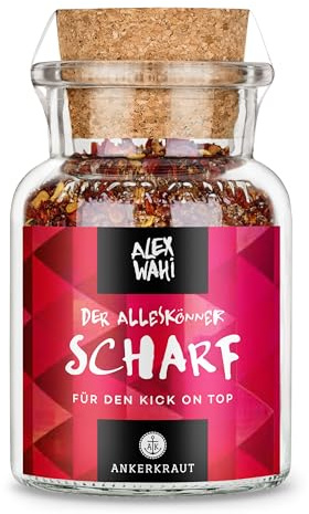 Ankerkraut Alleskönner scharf by Alex Wahi, Universal-Gewürz für Fleisch Gemüse Bowls Reis, Würze zum Kochen, Salz Chilischrot, Jalapeno geräuchert, Habanero und mehr, 90 g im Korkenglas