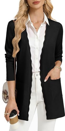 GRACE KARIN Långa koftor för dam, vår sommar lätt stickad bolero, öppen framsida v-ringad cardigan blazer med fickor, Svart, XL