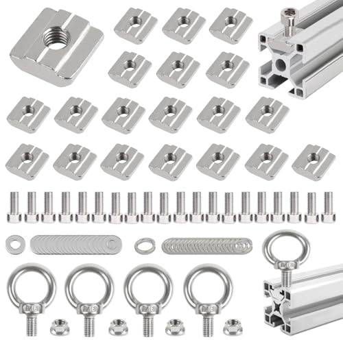 LEAUM 24 Teiliges Set Nutensteine M6 Nut 8, M6 T-Nut Kohlenstoffstahl T Nutenstein Set mit Ringschraube für Aluminiumprofil-Extrusionsschlitz 30-Serie