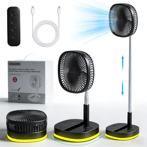 Portable Oscillating Standing Fan,9 Inch Foldable Pedestal Fan,10000mAh Rechargeable Battery USB Powered Floor Fan,4 Speeds,Height Adjustable,Quiet,with Remote Control,LED,Storage Bags,Camping Bedroom