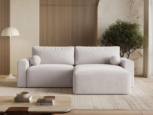 GRAINGOLD Aurora L Ecksofa modern mit Bettfunktion, 259x145 cm, L-Form Sofa, Schlafcouch für Wohnzimmer, Velvet-Stoff, 3-Sitzer Eckcouch, Ecksofa mit Bettkasten (Grau)