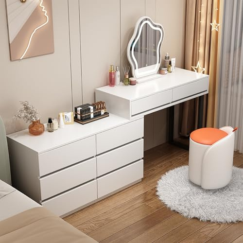 XLSBZ Schminktisch mit LED Beleuchtung, 3 Farben, Schminktisch mit Spiegel, 8 Schubladen, Modern Kosmetiktisch, L-Form ändern, Weiß