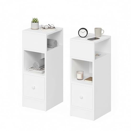 Baroni Home Set 2 Comodini Moderni con Cassetto e 2 Ripiani, Scomparto Superiore Aperto su Entrambi i Lati, Comodini Salvaspazio in MDF, Montaggio Facile. 25x30x66 cm (Bianco)