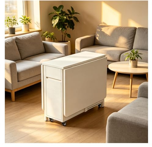 Genérico Mesa Libro Plegable, Mesas Plegable SalóN, DiseñO Compacto En Madera 1,4m, Mesa Plegables con Sillas Dentro, para Cocina Y Espacios PequeñOs, con Ruedas(White)