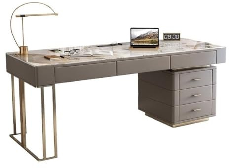 K5C7S3W9D6 Computer Desks Modern Home Office Desk with File Cabinet, USB Ports and Power Sockets, Slate Desktop Writing Study Studying Writing Table(L)