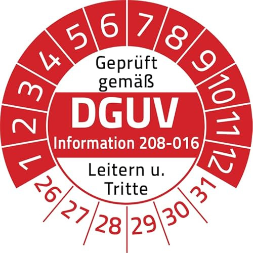 Geprüft gemäß DGUV Information 208-016 Prüfplakette, 100 Stück, in verschiedenen Farben und Größen, Prüfetikett Prüfsiegel Plakette Leitern und Tritte (ehemals BGV D 36) (30 mm Ø, Rot)