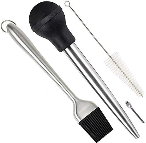 Home Servz Deluxe 304 Stainless Steel Turkey Baster Syringe Injector Needle With Cleaning Brush & Heavy Duty 12 Inch Stainless Steel Handle Silicone BBQ Basting Brush