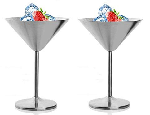 Lot de 2 verres à cocktail en acier inoxydable pour champagne à vin et martini 200 ml 200ML argenté