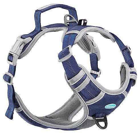ThinkPet Hundegeschirr, atmungsaktiv, mit Griff, reflektierend, gepolstert, Sicherheitsweste, verstellbares Hundegeschirr, Rücken-/Frontclip für einfache Kontrolle, L(chest 17 - 35 inch/neck 18 -26 inch), dunkelblau