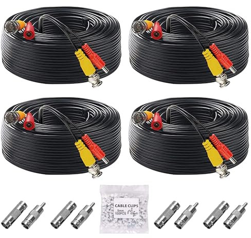 ANLINK Cable de alimentación de video BNC con clips de cable de 7 mm/100 piezas para sistemas de cámaras de seguridad, CCTV, DVR, sistema de vigilancia (negro, paquete de 4 de 100 pies/30 m)